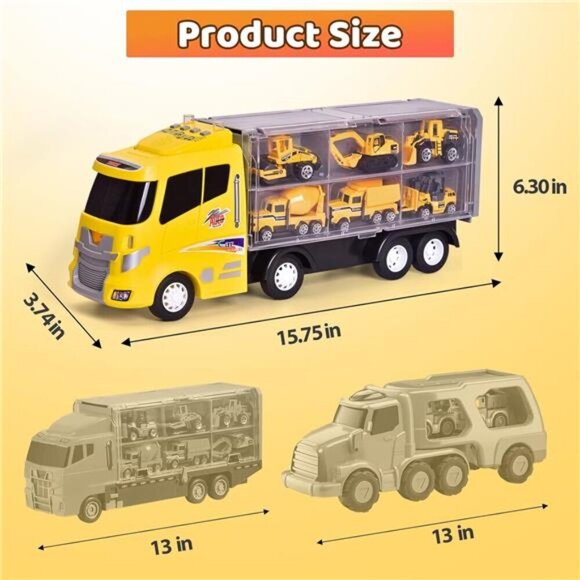 12 in 1 Construction Truck Toys Set for Toddlers, Carrier Truck with 12 Mini Car - Picture 4 of 7